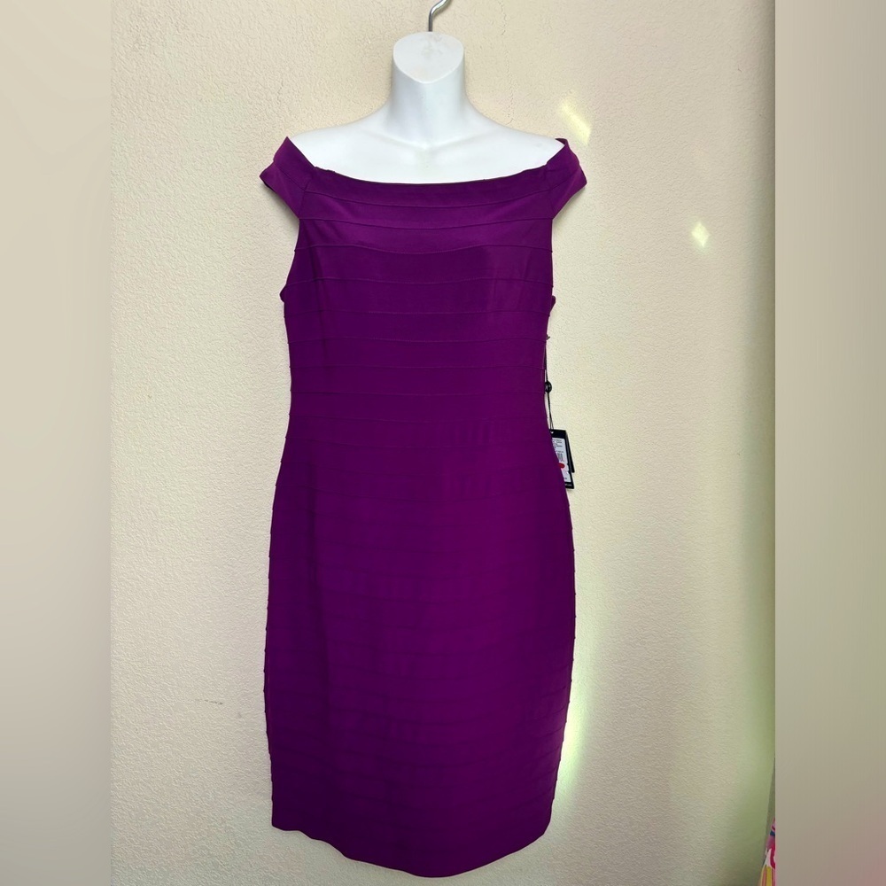 NWT Adrianna Papell Purple Blackberry Off The Shoulder Bandage Midi Dress 10